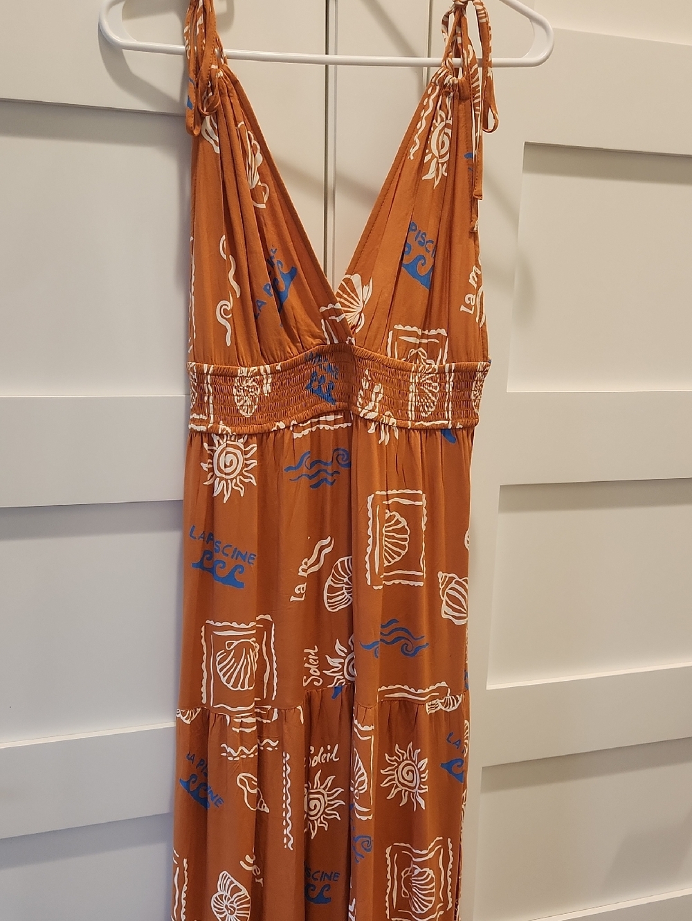 🌴Patrons of Peace Rust Orange Maxi Dress with Blue & White Print